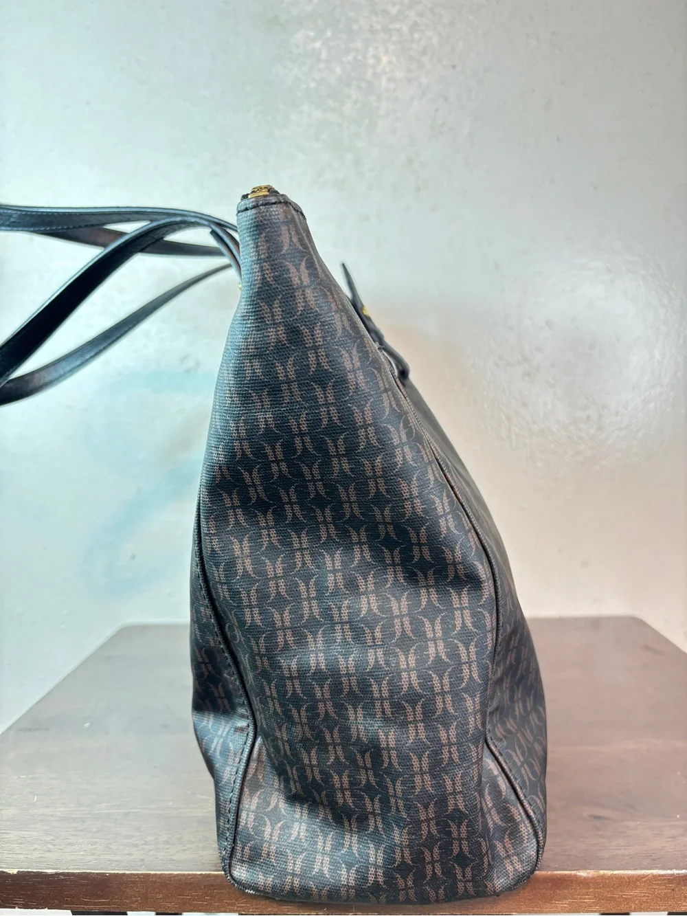 Fossil Dark Brown Monogram Canvas Tote with Black Handles